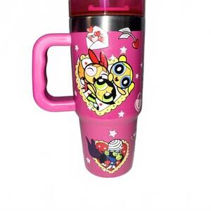 Pink Powerpuff Girls Plastic Thermos with Straw Lid and handle 18 oz
